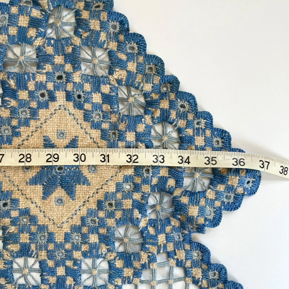 Antique Hand Embroidered Hardanger Lace Table Topper Doily Vintage Blue Natural